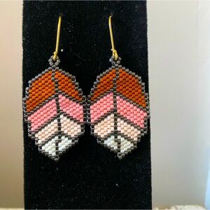 Intricate Beaded Leaf Earrings. Brand New! Hand Crafted. Pink, white, and brown.